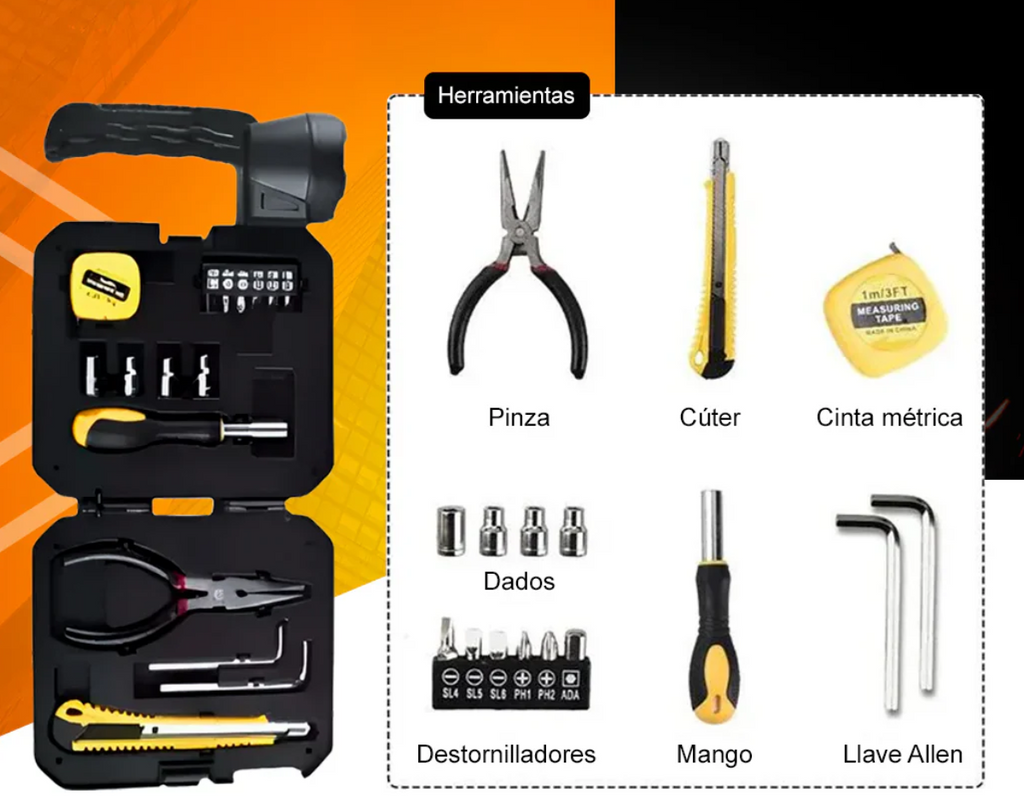 Kit 3 en 1 - Herramientas + Linterna LED + Cargador portatil con carga Solar