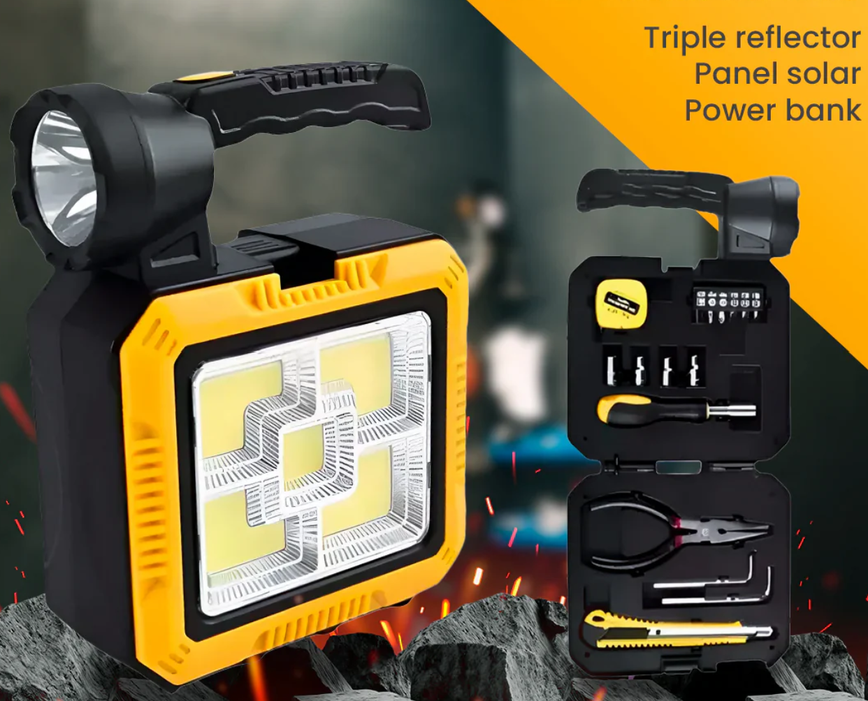 Kit 3 en 1 - Herramientas + Linterna LED + Cargador portatil con carga Solar